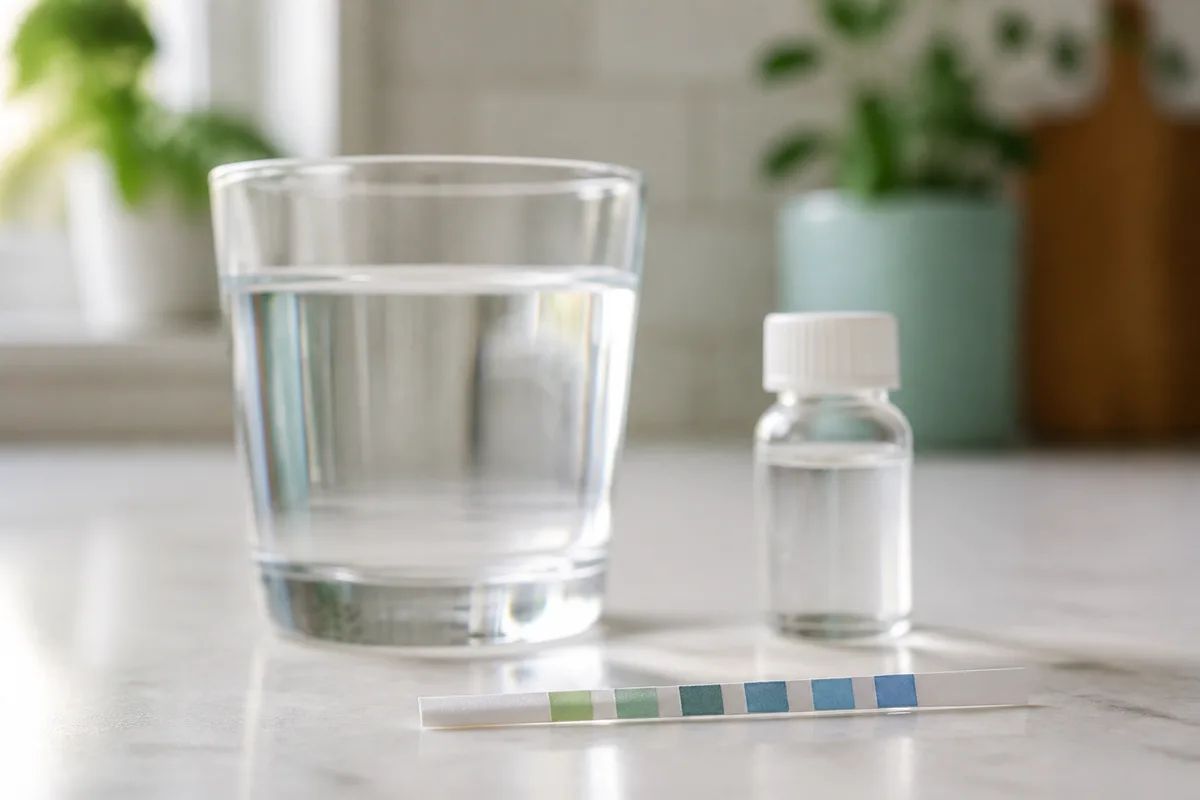 Bandelette de test de dureté de l&rsquo;eau posée sur un plan de travail à côté d&rsquo;un verre d&rsquo;eau du robinet