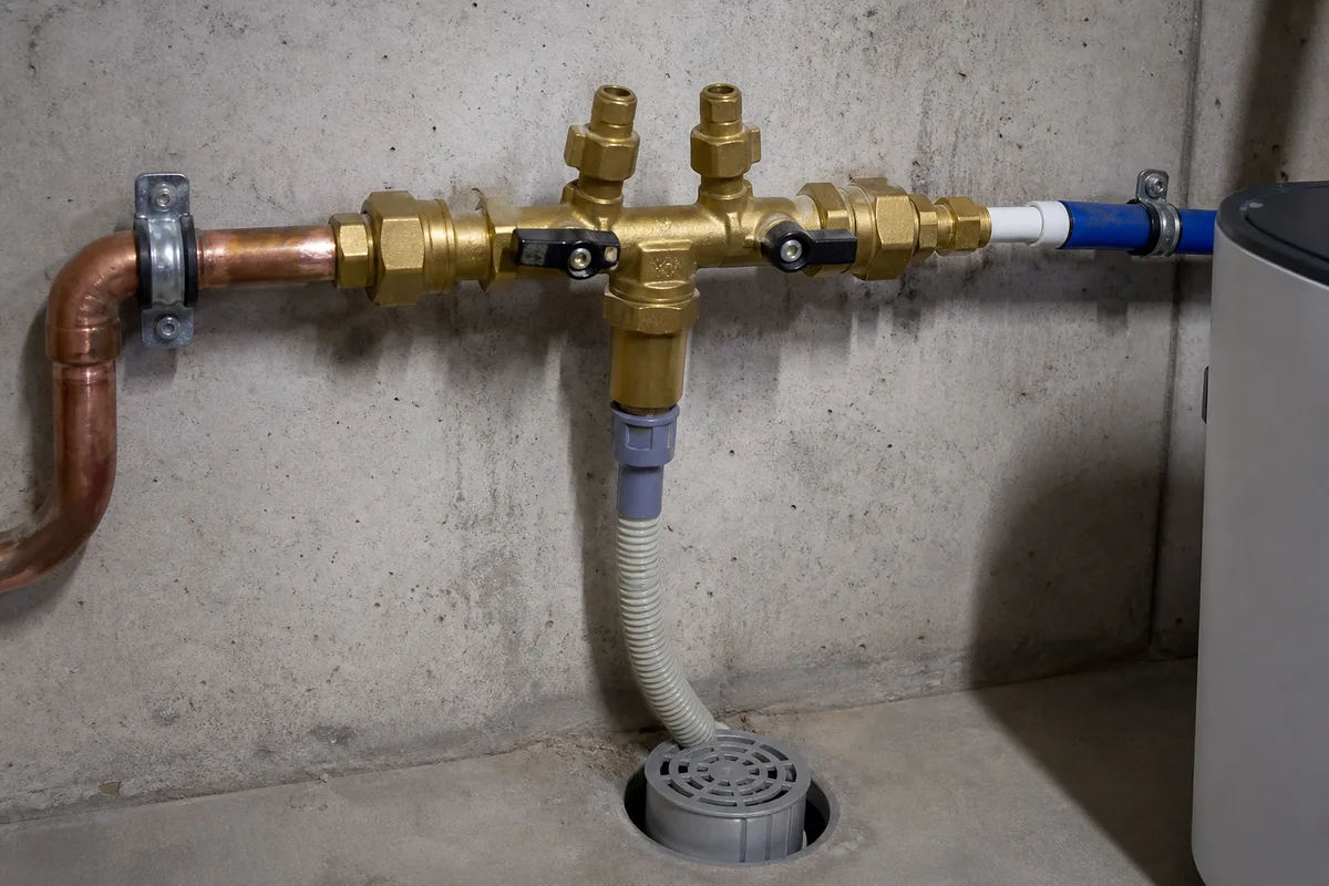 Adoucisseur d&rsquo;eau raccordé sur l&rsquo;arrivée générale avec vanne de bypass en laiton et évacuation dans un garage