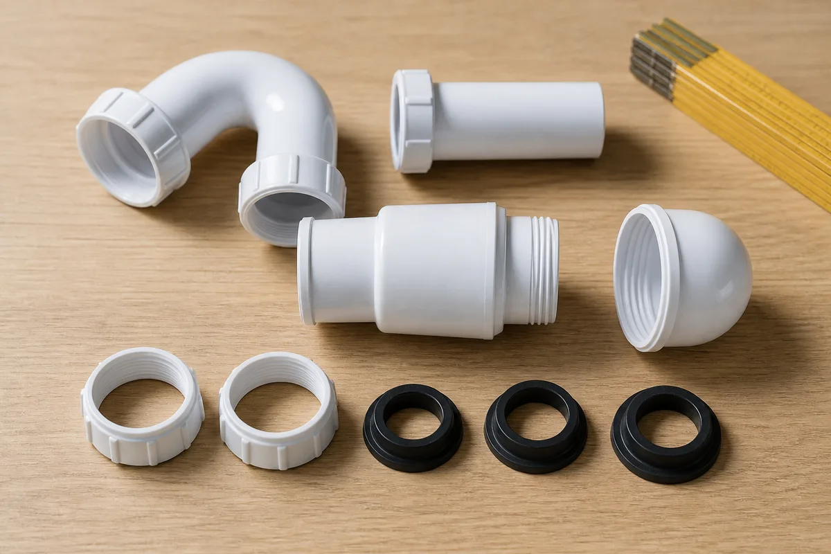 Siphon d&rsquo;evier en PVC demonte sur un plan de travail, avec ses bagues et ses joints coniques poses a cote