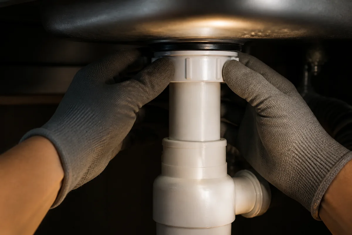 Mains gantees vissant a la main la bague superieure d un siphon neuf sous une cuve d evier inox