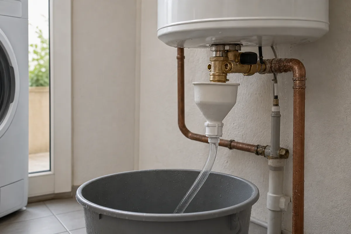 Groupe de sécurité en laiton et tuyau de vidange raccordés sous un chauffe-eau électrique