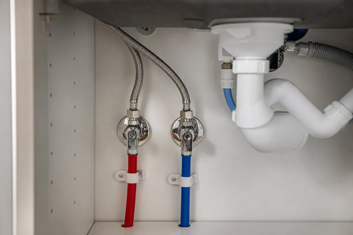 Sous un évier de cuisine, robinets d’arrêt et flexibles neufs après installation d’un mitigeur