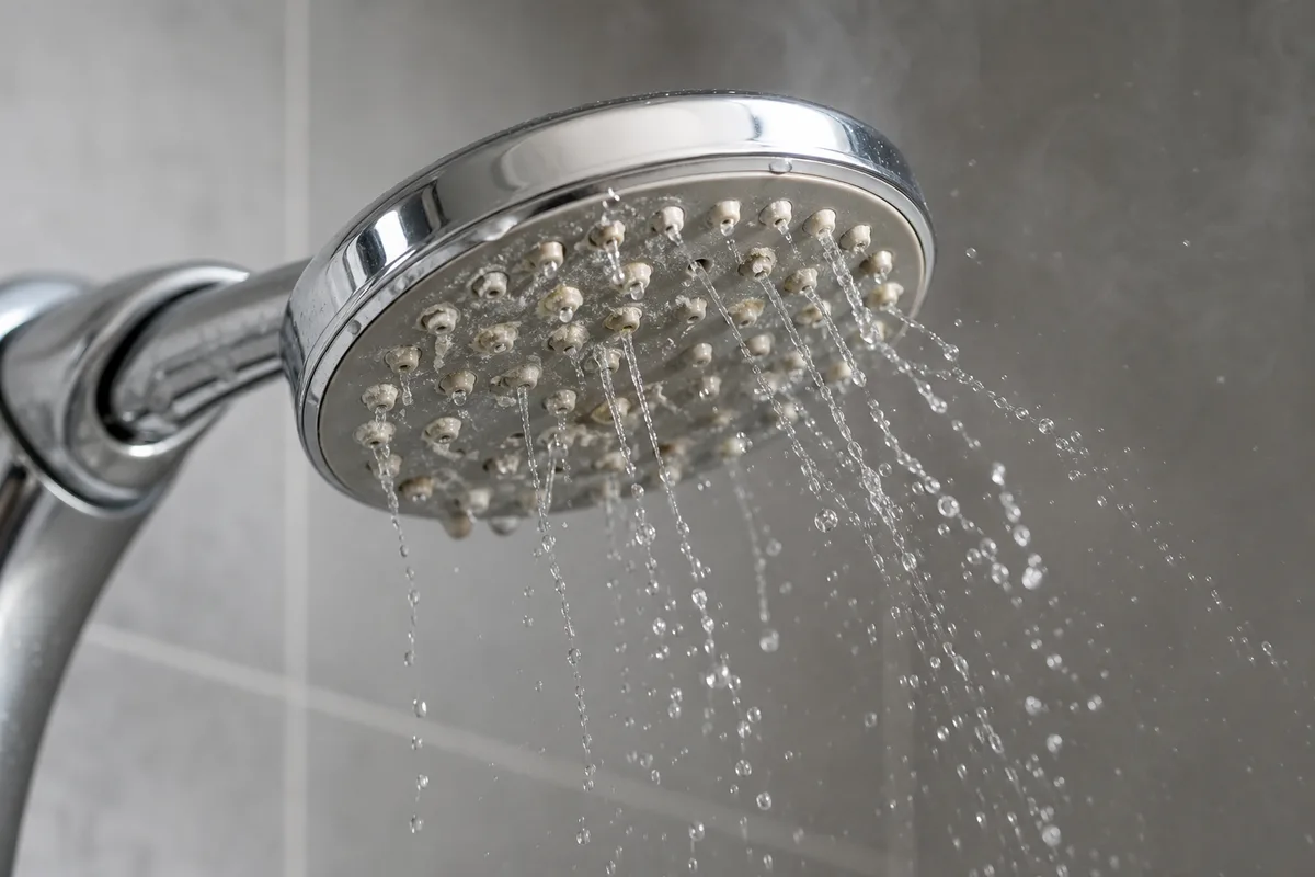 Pomme de douche chromée entartrée avec un jet irrégulier, carrelage clair en arrière-plan